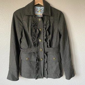 ANTHROPOLOGIE Tabitha Oxer Military Ruffle Jacket Green Wool Blend Size 2